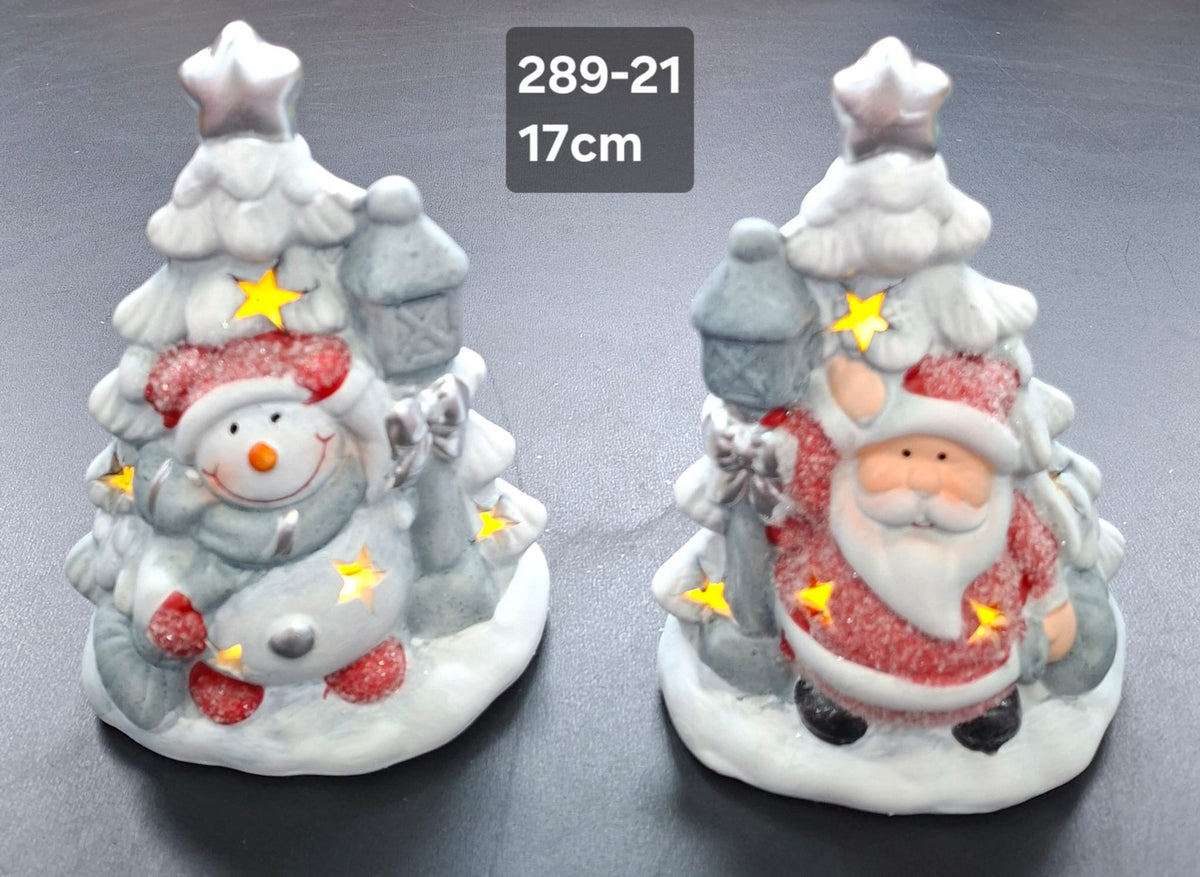 Decor ceramic Crăciun brad luminos cu Moș Crăciun si Om de Zăpadă - 17cm 2/set