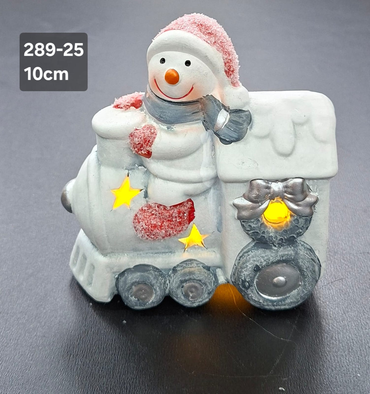 Trenuleț luminos decor ceramic Crăciun cu om de zăpadă - 10cm