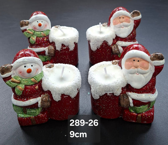 Suport lumânare decor ceramic Crăciun Moș Crăciun sau Om de Zăpadă - 9cm 4/set