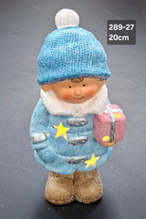 Decor ceramic Crăciun copil cu haină albastră și cadou LED - 20cm