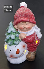 Figurină fetiță cu brăduț și om de zăpadă, decor ceramic Crăciun - 19cm