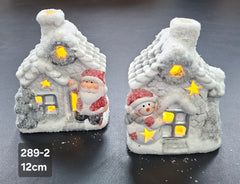 Set 2 Căsuțe luminoase decor ceramic Crăciun cu Mos si om de zăpadă - 12cm
