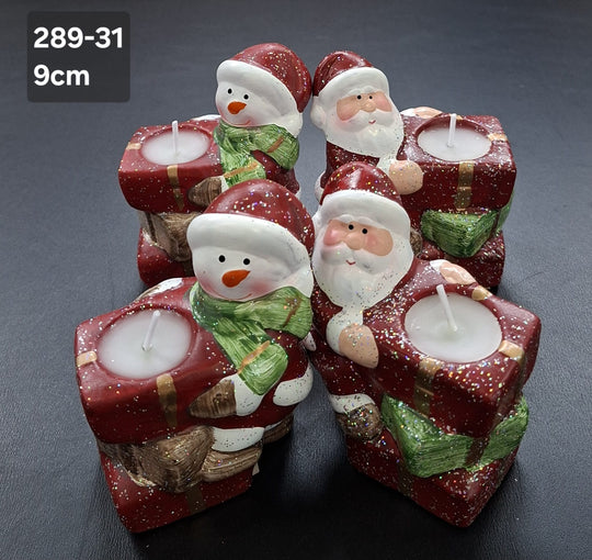 Set 4 suporturi lumânări Moș Crăciun și om de zăpadă, decor ceramic Crăciun - 9cm