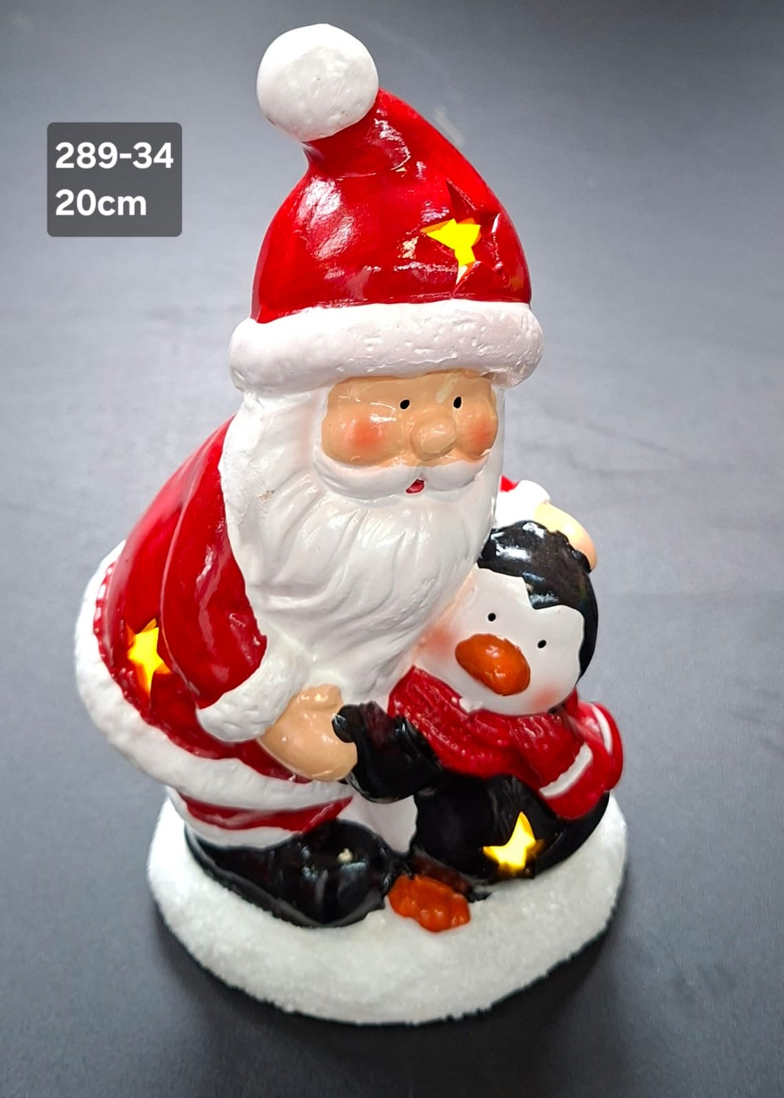 Figurină Moș Crăciun cu pinguin, decor ceramic Crăciun - 20cm