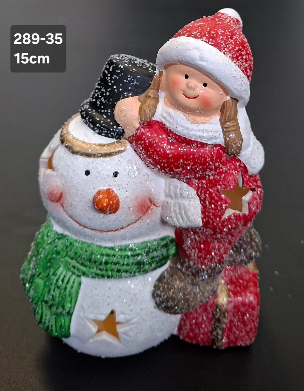 Figurină fetiță cu om de zăpadă, decor ceramic Crăciun - 15cm