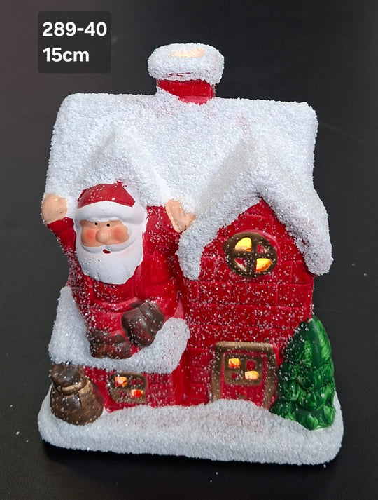 Căsuță luminoasă decor ceramic Crăciun roși cu Moș Crăciun - 15cm