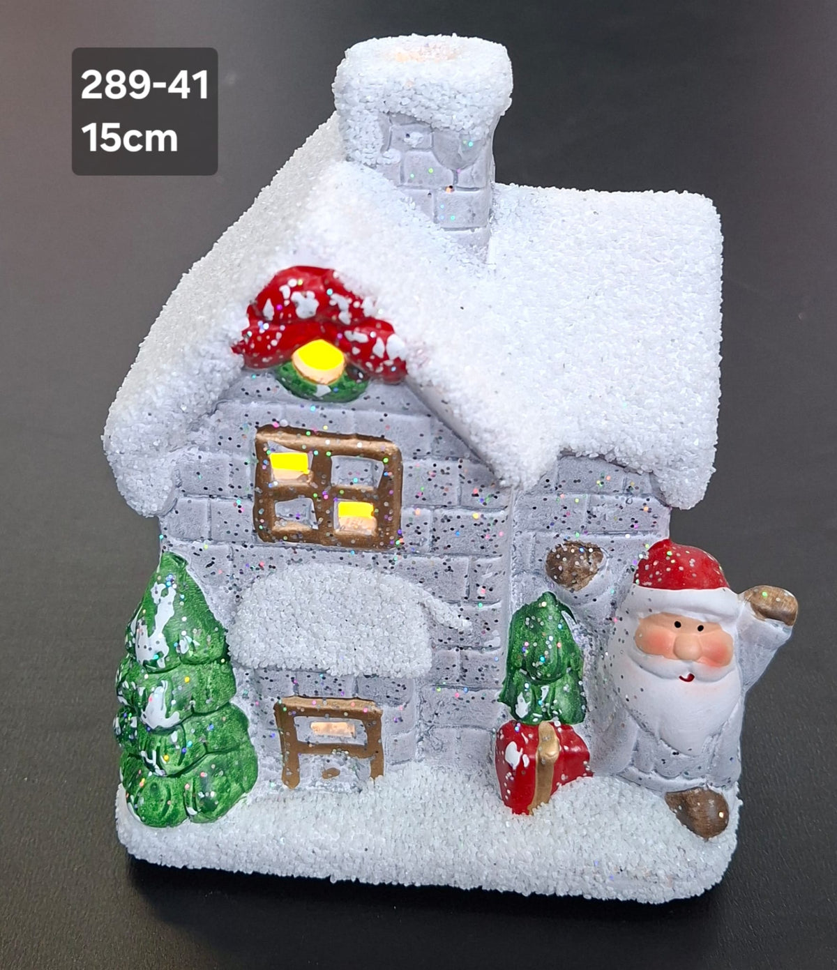 Căsuță luminoasă decor ceramic Crăciun decor ceramic gri cu Moș Crăciun - 15cm