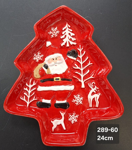 Platou decor ceramic Crăciun formă brad Moș Crăciun - 24cm
