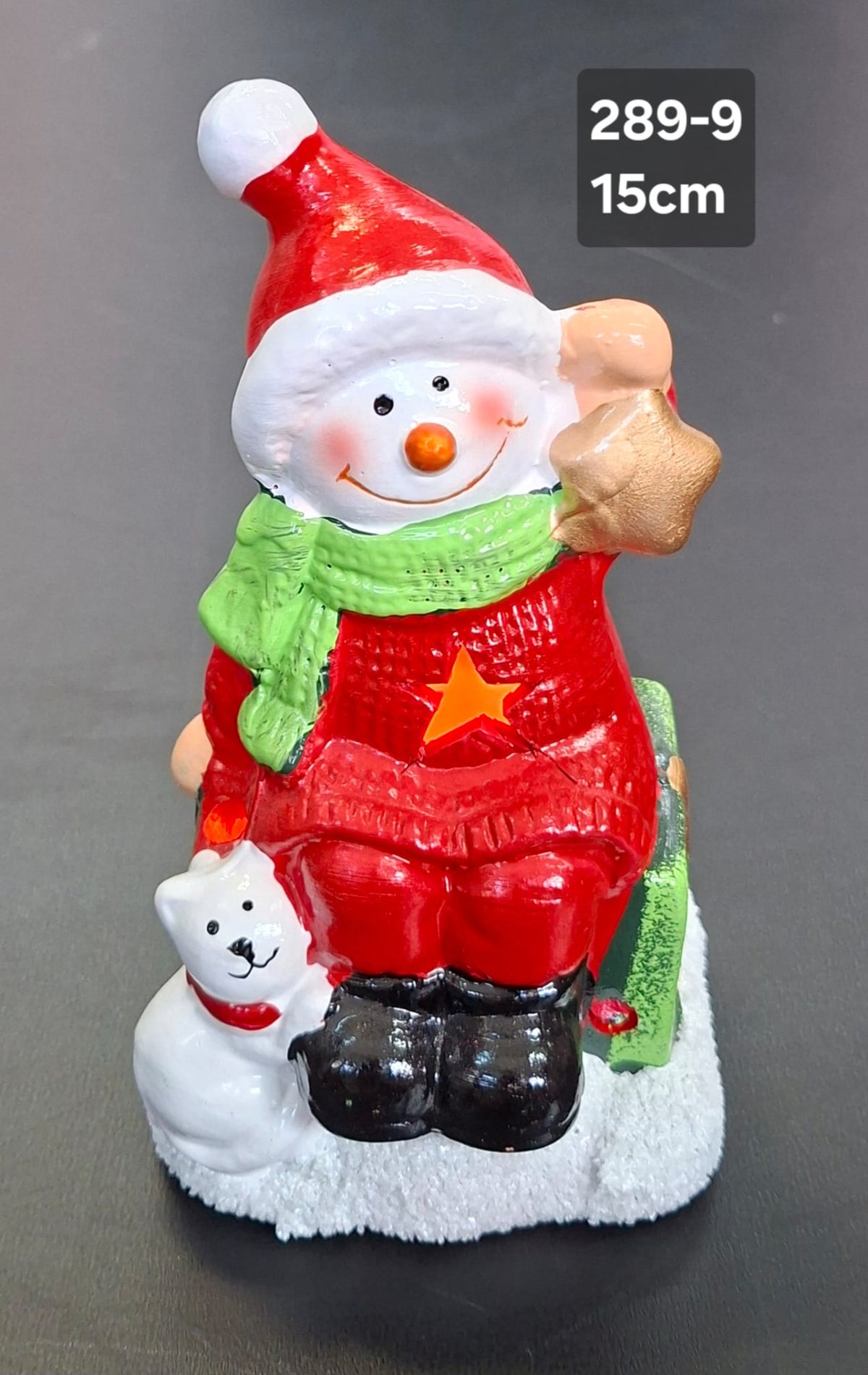 Decor ceramic Crăciun om de zăpadă cu cățel luminos - 15cm