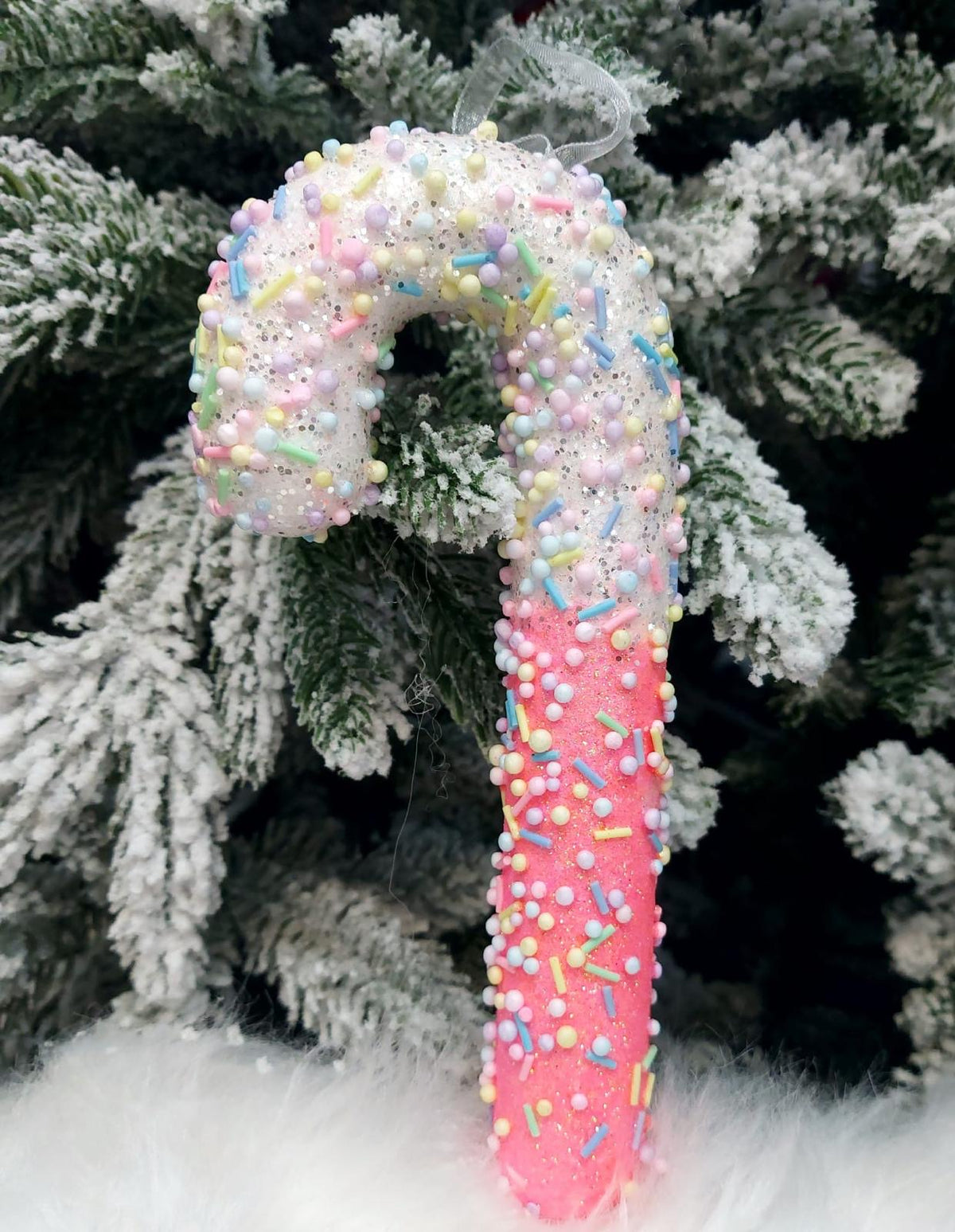 Baston decorativ Crăciun roz-alb cu mărgele – 18cm 10/setr