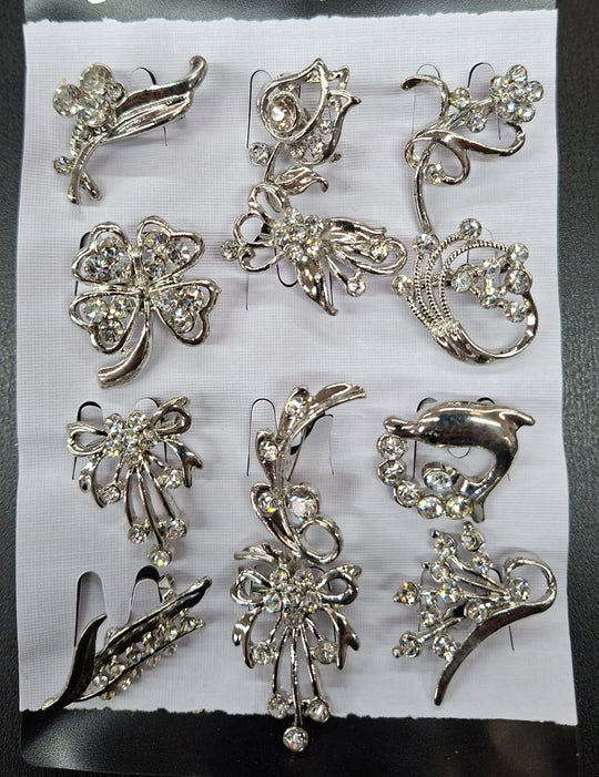 Broșe Argintii cu strasuri – Modele Florale și Abstracte Elegante - 12/SET