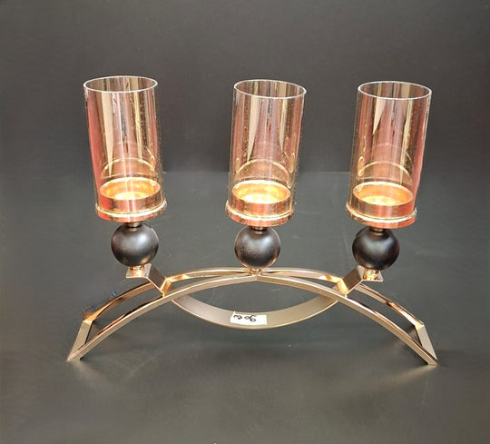 Candelabru decorativ pentru 3 lumânări 40/30cm – auriu, negru și sticlă fumurie