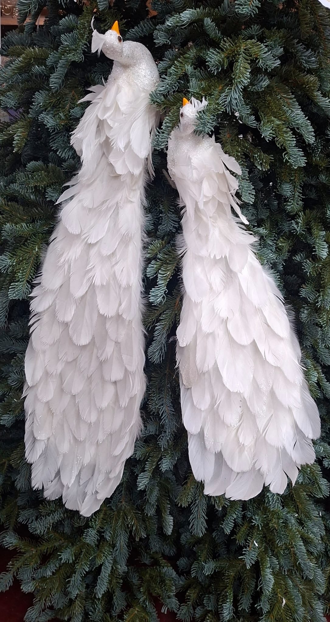Păun Decorativ Alb cu Pene și Sclipici – 60cm | Ornament Elegant de Crăciun