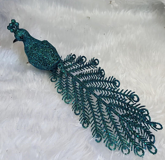 Ornament Crăciun Păun Verde cu Coada Lungă Glitter - 20cm