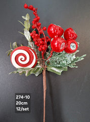 Crenguță artificială de Crăciun roșie cu fructe și acadea – 20cm 12/set