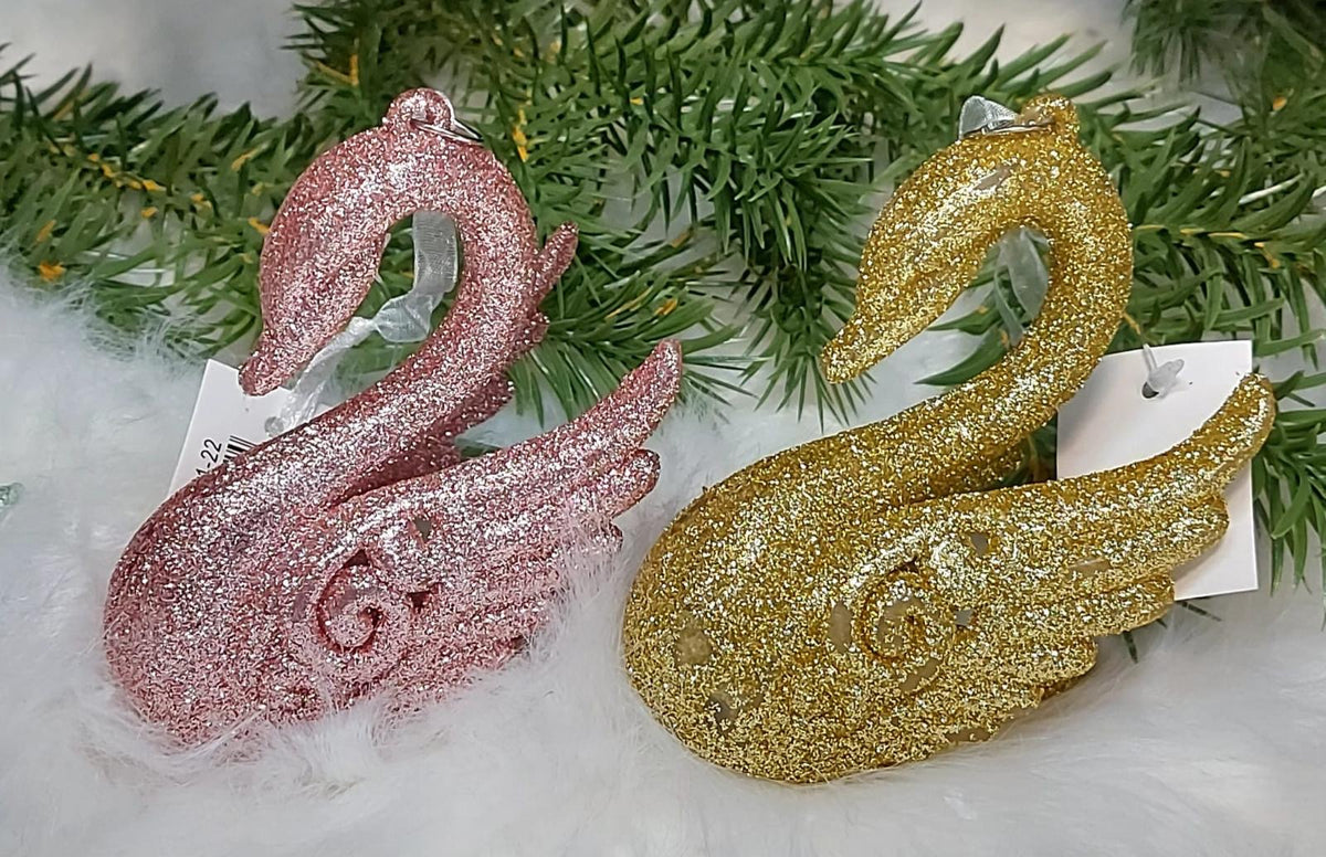 Set 12 ornamente de Crăciun în formă de lebădă, cu sclipici – Roz sau Auriu - 8cm