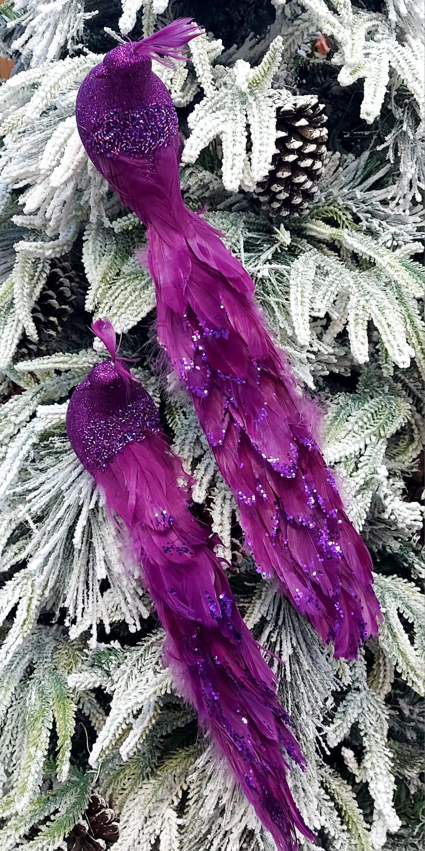 Ornament Crăciun Pasare Mov cu Pene și Sclipici