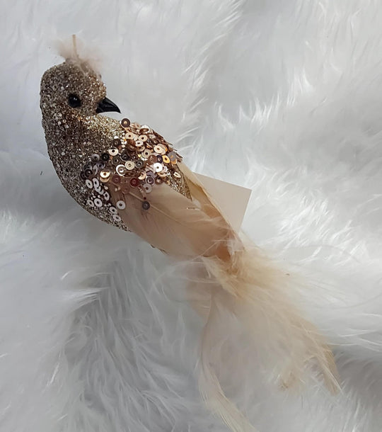Ornament Crăciun Pasăre Aurie cu Pene și Paiete - 10cm