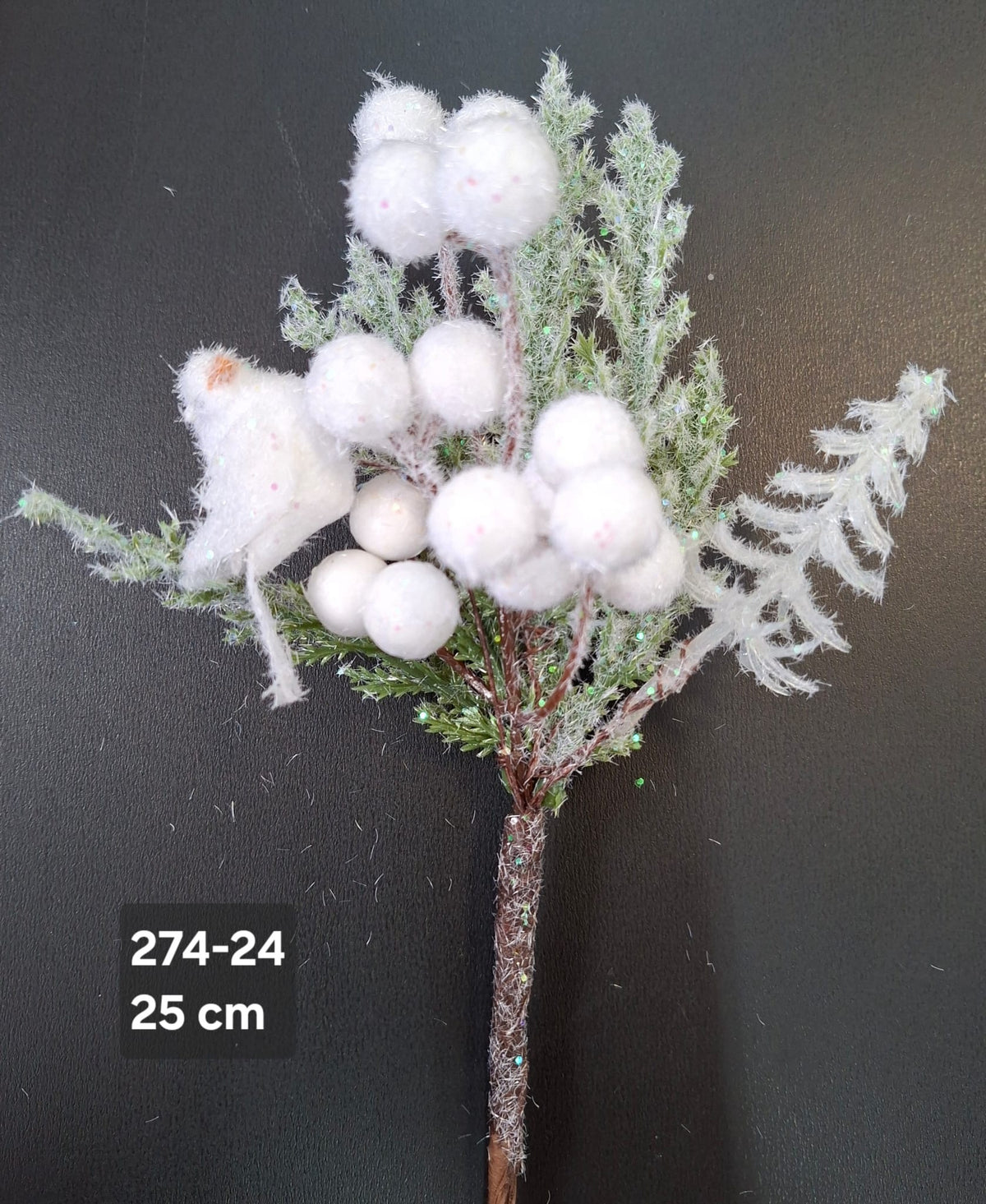 Crenguță artificială de Crăciun cu bobițe albe și sclipici – 25cm 10/set