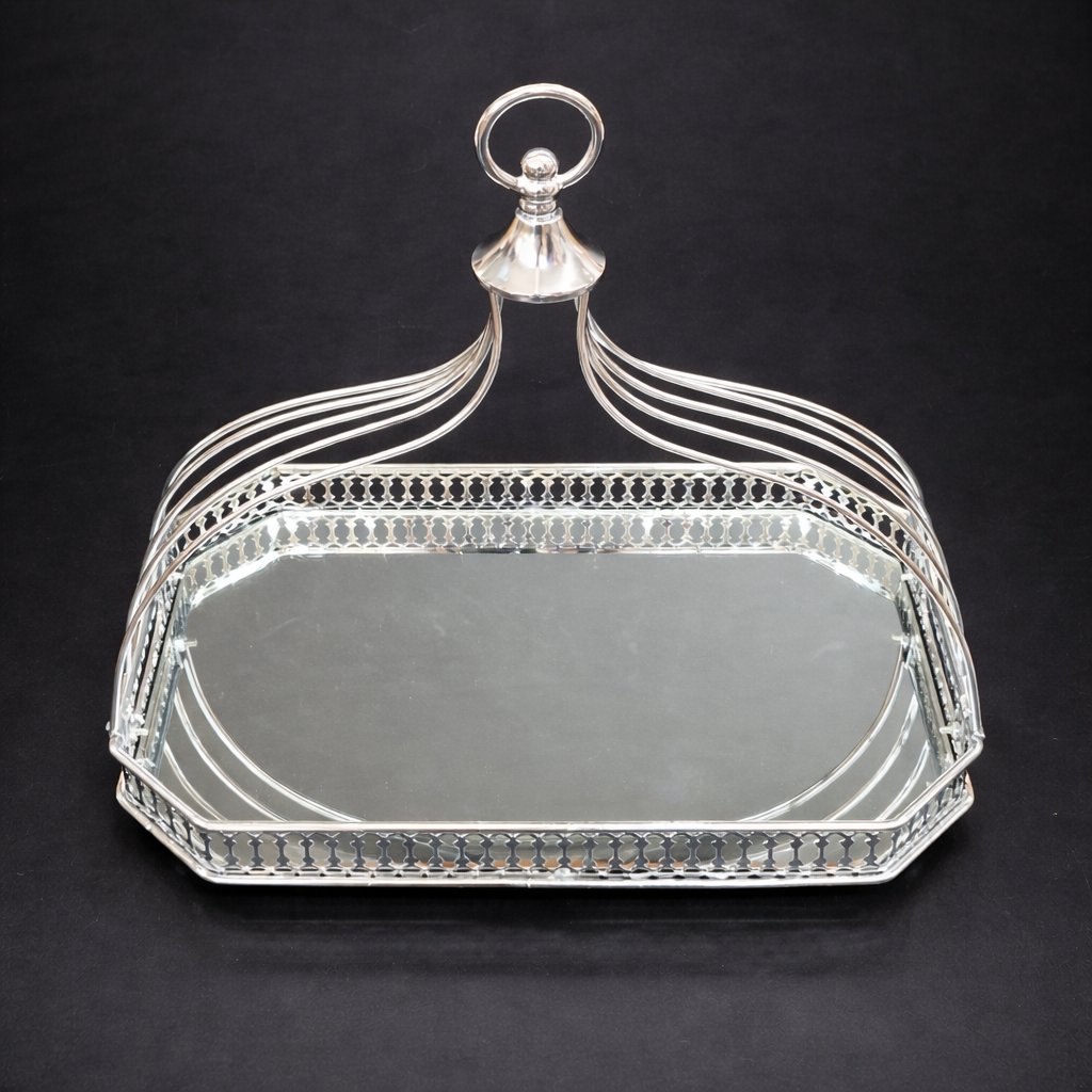Tavă decorativă argintie cu oglindă și mâner elegant - 35x25cm