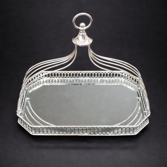 Tavă decorativă argintie cu oglindă și mâner elegant - 35x25cm