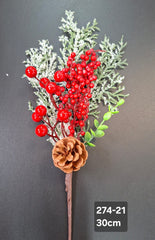 Crenguță artificială de Crăciun cu bobițe roșii, con și zăpadă – 30cm 10/set