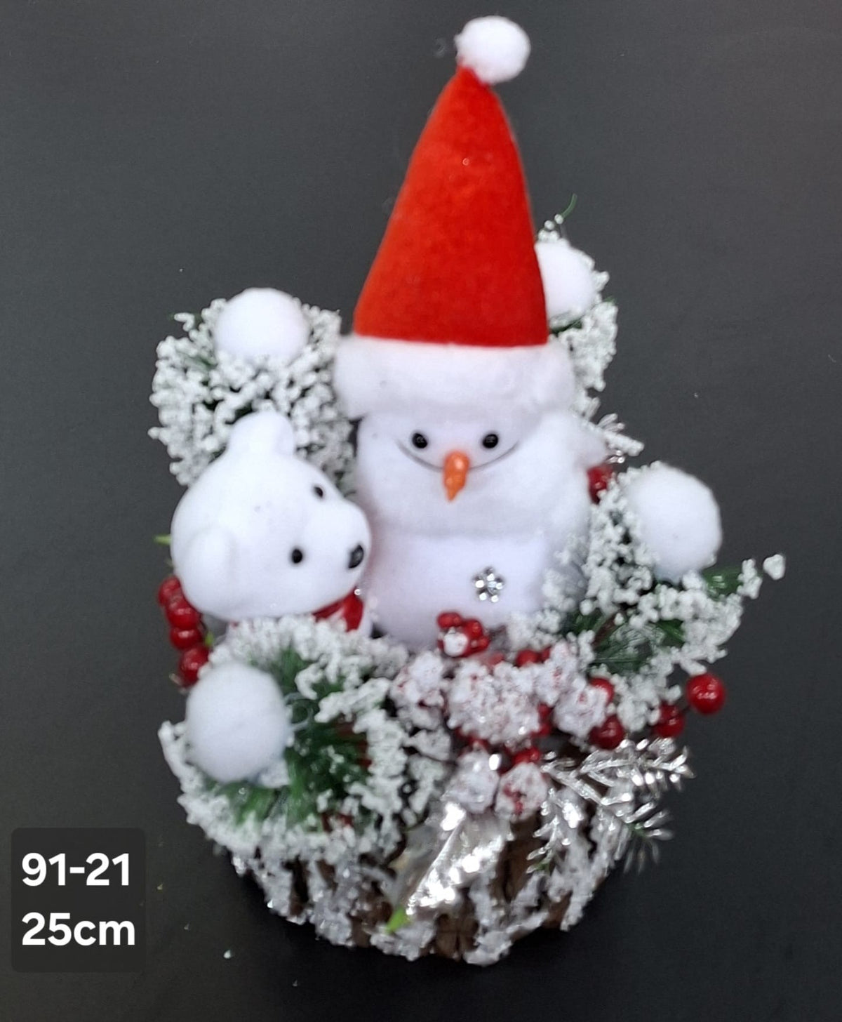 Decorațiune Crăciun om de zăpadă cu ursuleț și coș - 25cm