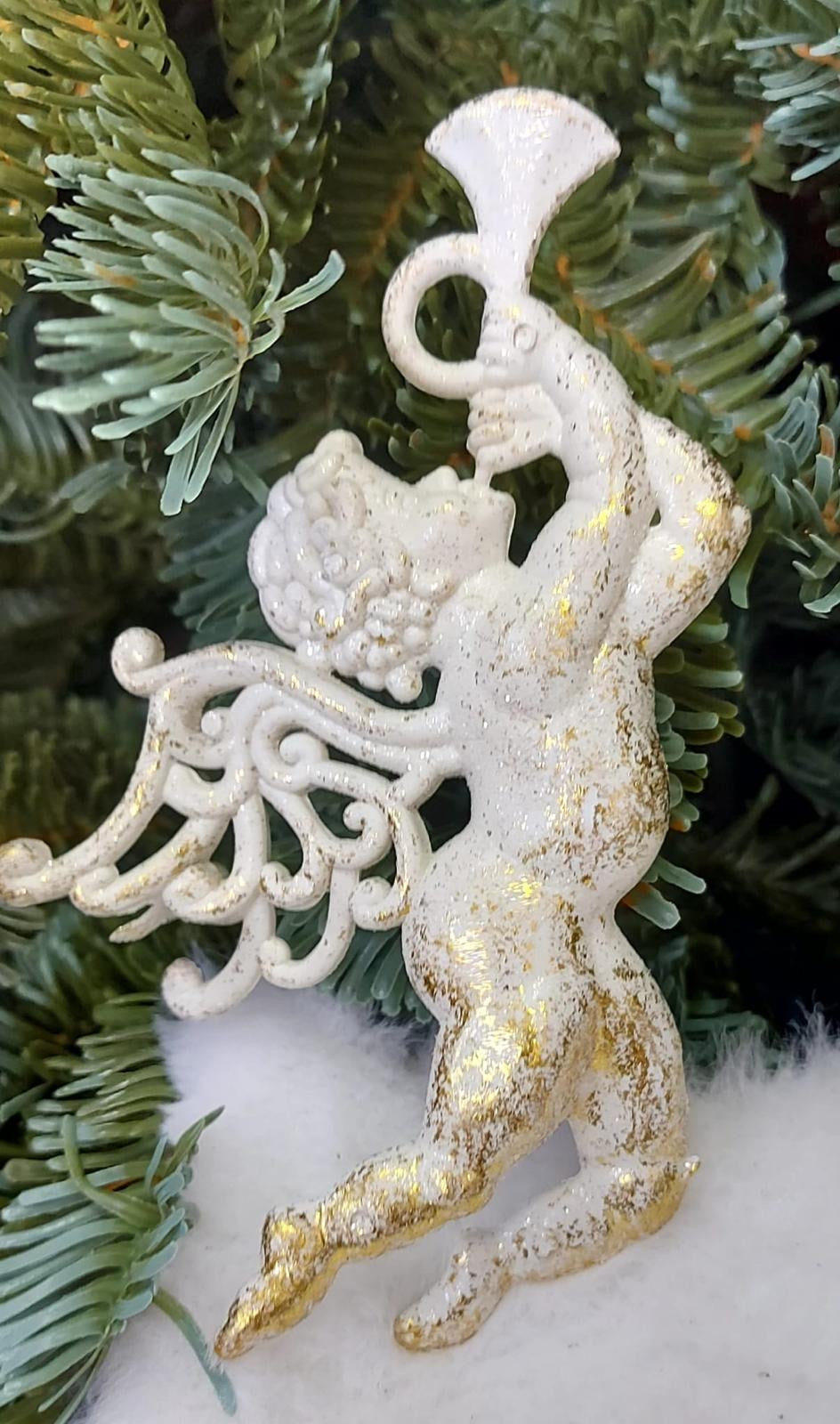 Îngerași decorativi albi cu sclipici auriu 12cm – set 10 bucăți