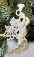 Îngerași decorativi albi cu sclipici auriu 12cm – set 10 bucăți