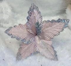 Flori Crăciun roz pal cu sclipici argintiu - 10/set