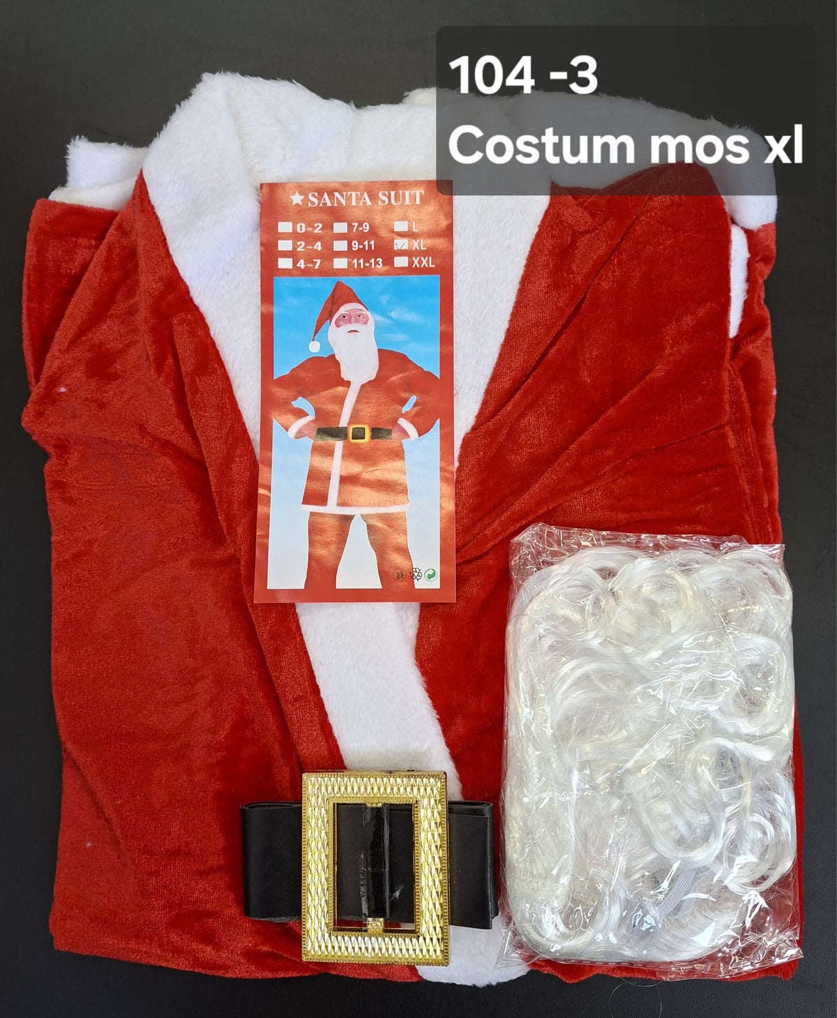 Costum Moș Crăciun complet mărimea XL – jachetă, pantaloni, centură și barbă