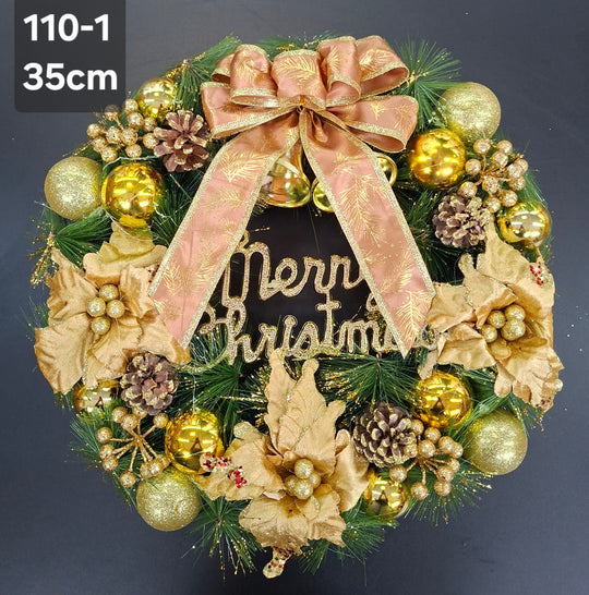 Coroniță Crăciun aurie cu fundă și conuri decorative - 35cm