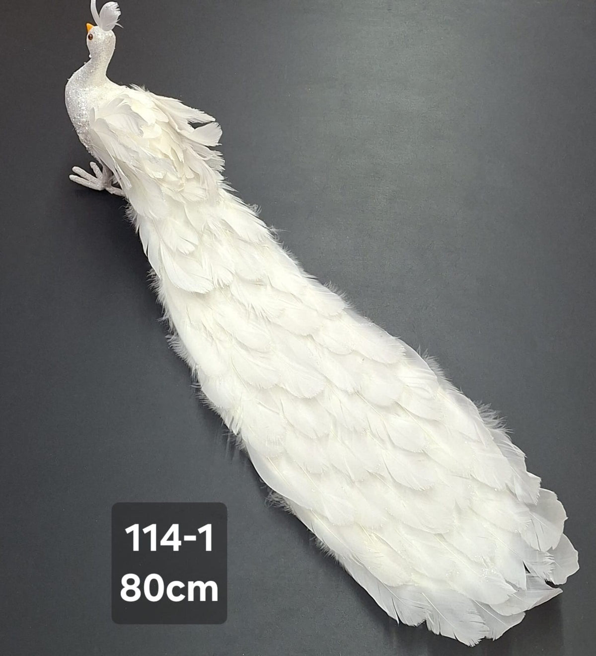 Păun Decorativ Alb cu Pene și Sclipici – 80cm | Ornament Elegant de Crăciun