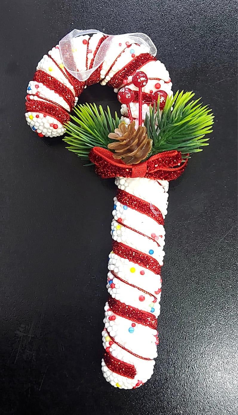 Baston decorativ Crăciun alb-roșu cu con și crenguțe – 16cm 10/set