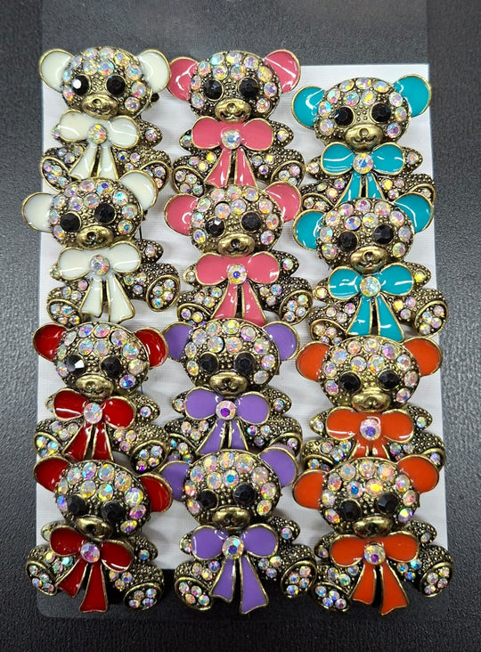 Broșe Ursuleț cu Fundă Colorată și Strasuri - 12/SET