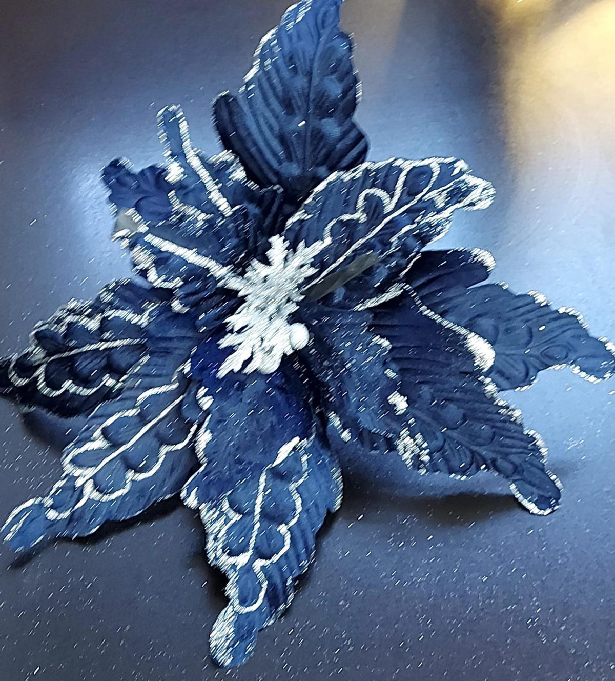 Flori Crăciun bleumarin cu sclipici argintiu - 10/set