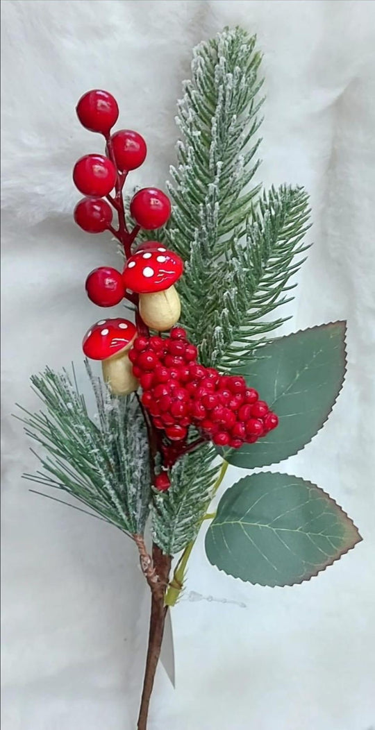 Crenguță artificială de Crăciun cu bobițe și ciupercuțe - 30cm 10/set