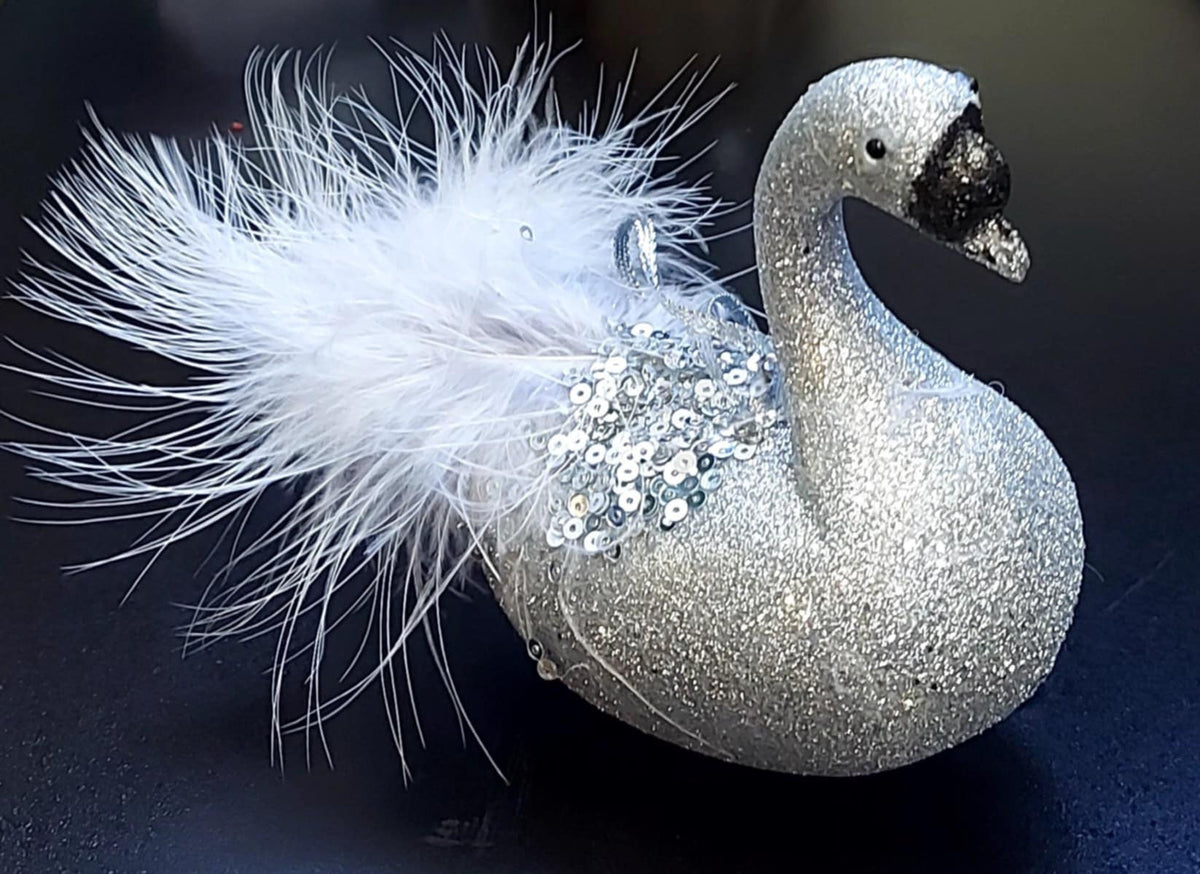 Ornament Crăciun Lebădă Argintie cu Pene și Sclipici - 15cm 5/set