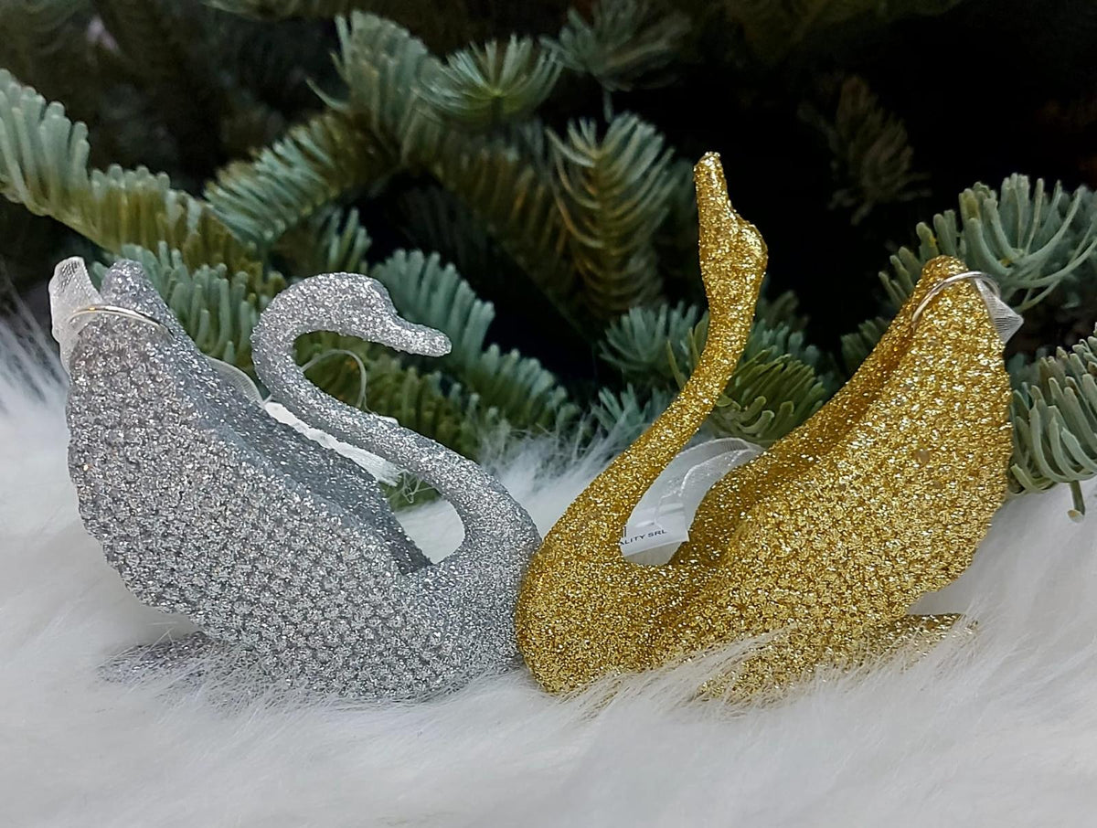 Set 12 ornamente de Crăciun în formă de lebădă, cu sclipici – Argintiu sau Auriu - 7x8,5cm