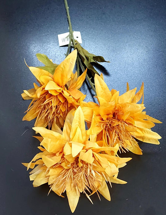 Fir de dalie artificială galbena – 3 flori mari, 60 cm