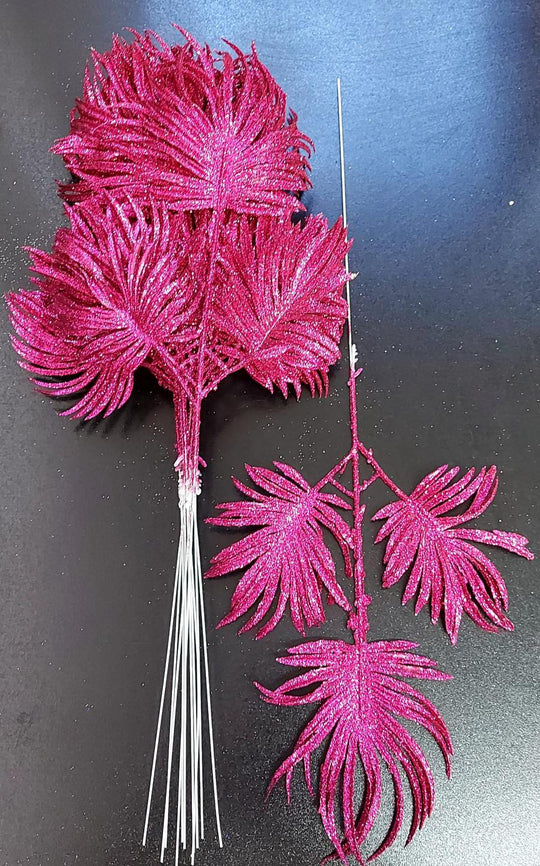 Frunze decorative palmier fucsia cu sclipici - 12 buc/set