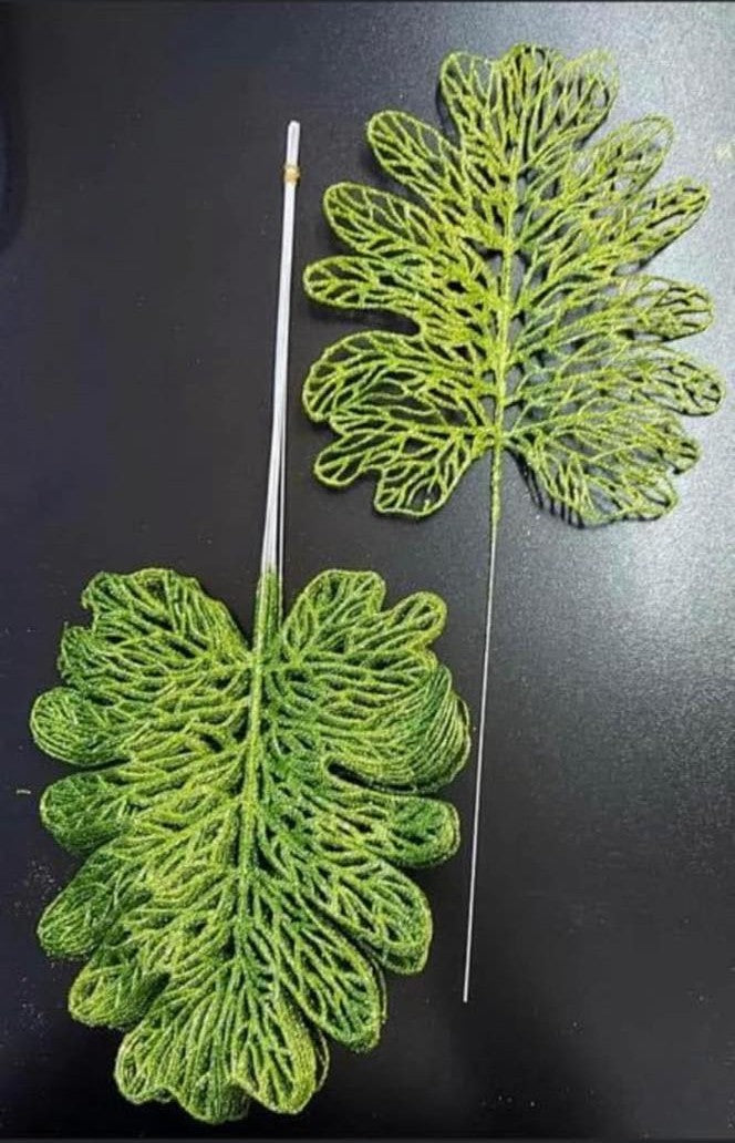 Frunze decorative verzi  – model lat cu sclipici - 12 buc/set