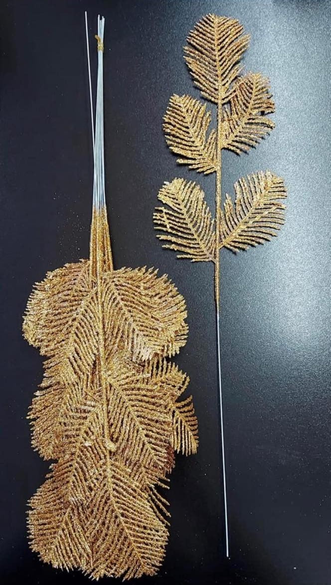 Frunze decorative aurii  – model ferigă cu sclipici - 12 buc/set