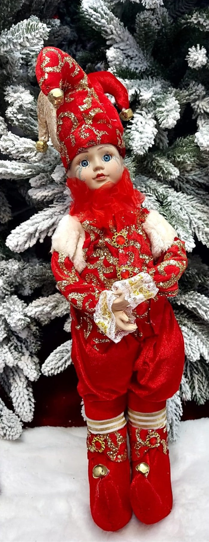 Păpușă muzicală decorativă Crăciun – Arlechin roșu auriu