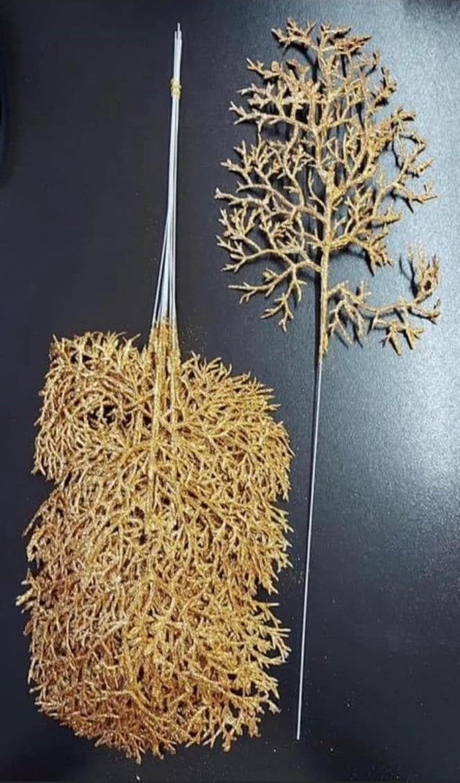 Frunze decorative aurii  – model ramificat cu sclipici - 12 buc/set