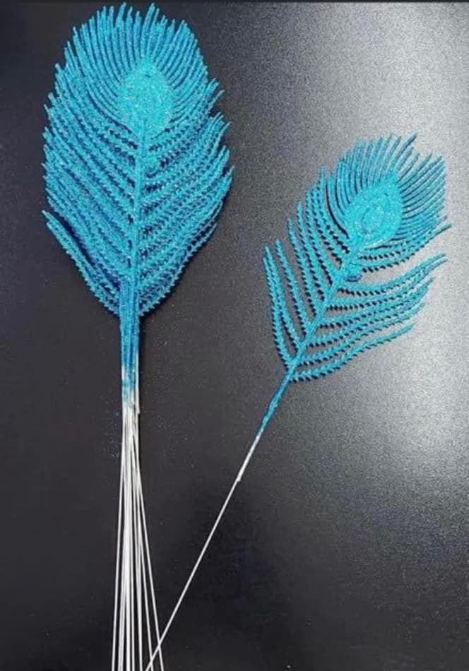 Frunze decorative pene albastre cu sclipici - 12 buc/set