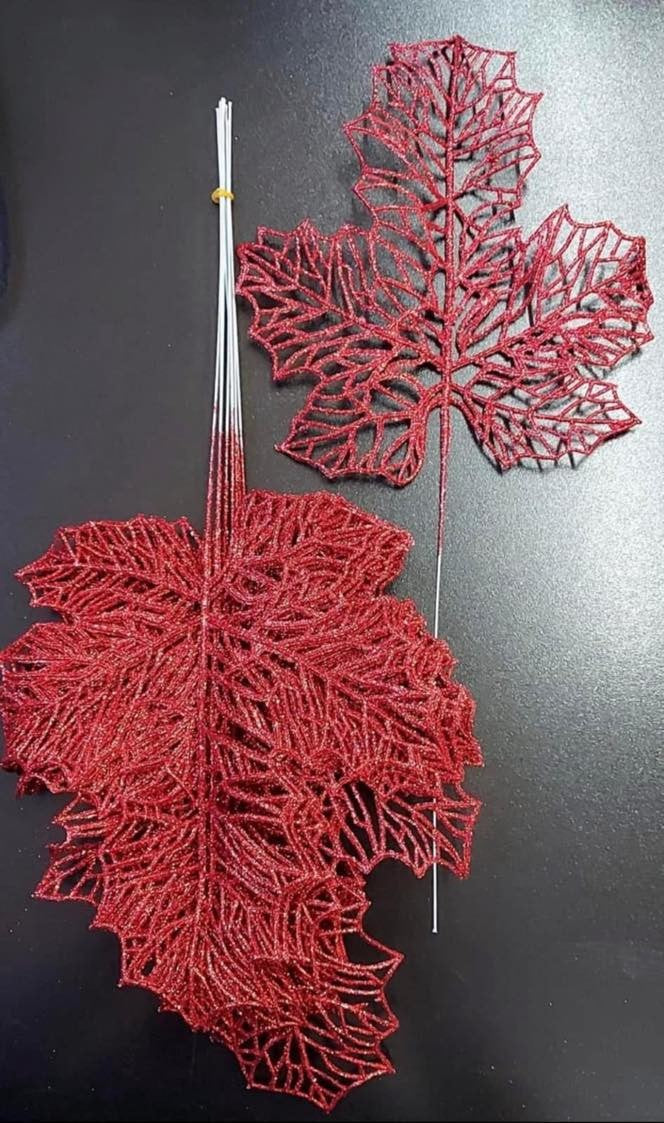 Frunze decorative roșii – model viță/arțar  cu sclipici - 12 buc/set