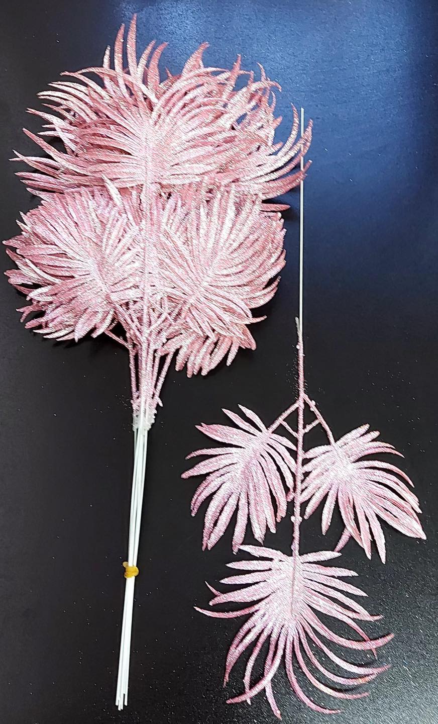 Frunze decorative palmier roz pal cu sclipici - 12 buc/set