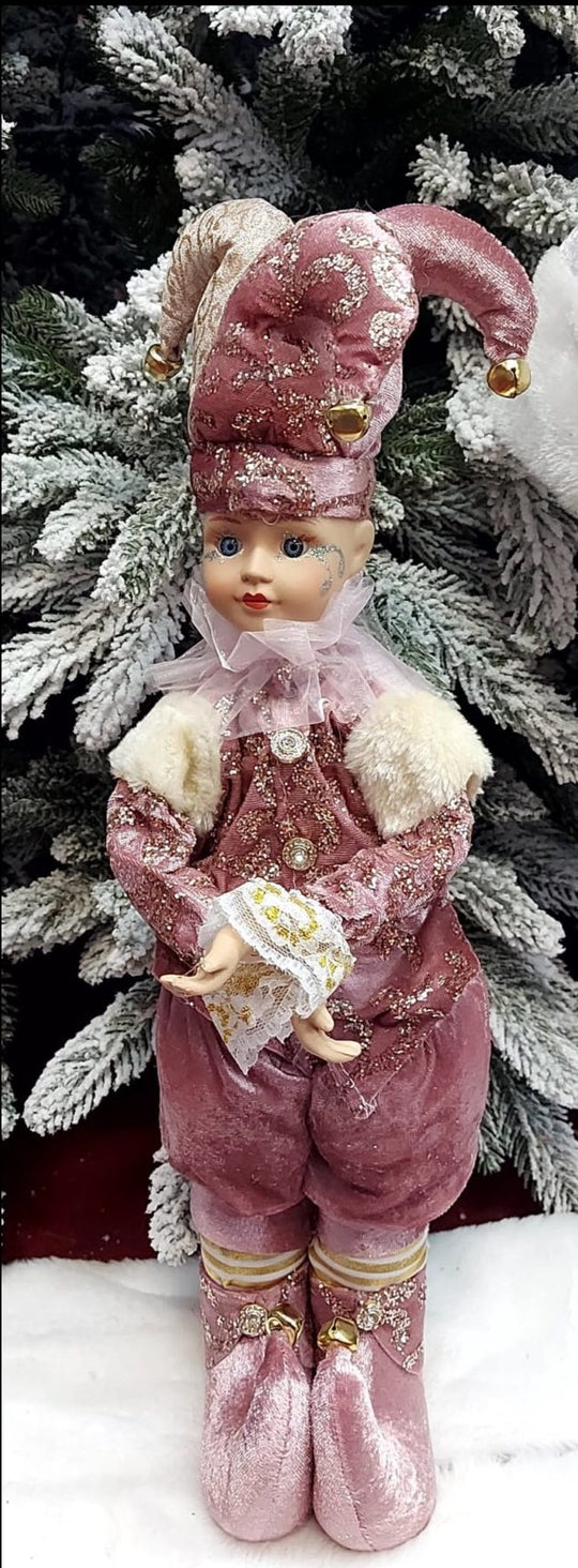 Păpușă muzicală decorativă Crăciun – Arlechin roz pudrat