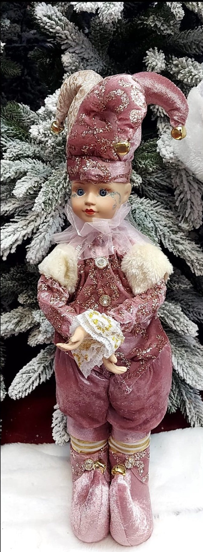 Păpușă muzicală decorativă Crăciun – Arlechin roz pudrat